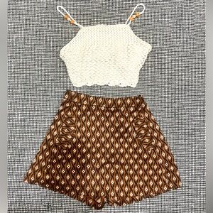 Zara Geometric Brown Short Skirt and Crochet Beige Crop Top
